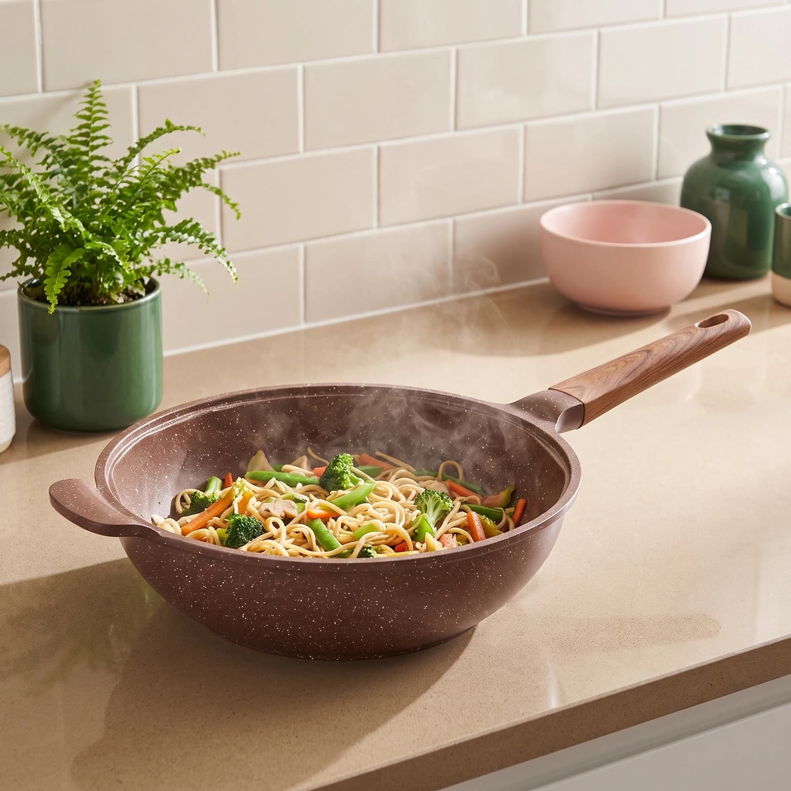 Brown speckled granite deep frying pan with a long wood-look handle and a short helper handle on a white background.