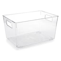 Clear rectangular acrylic storage basket with integrated handles on a white shelf - view 2