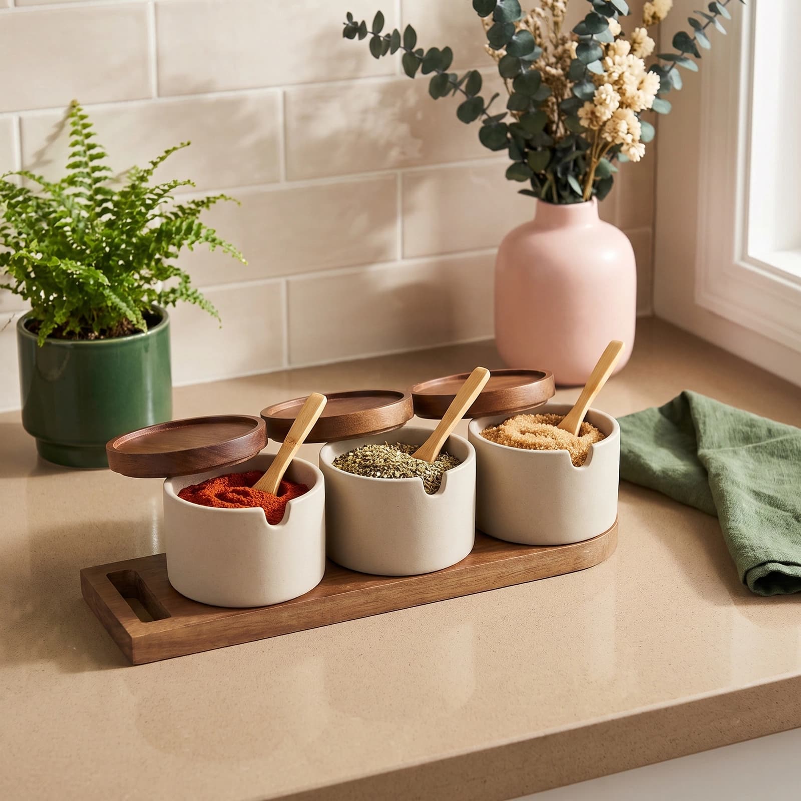 Three cream porcelain spice jars with wooden lids and spoons on a wooden tray, filled with spices, on a kitchen counter.
