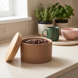 Porcelain Storage Jar with Wood Lid - Beige Ribbed - view 1