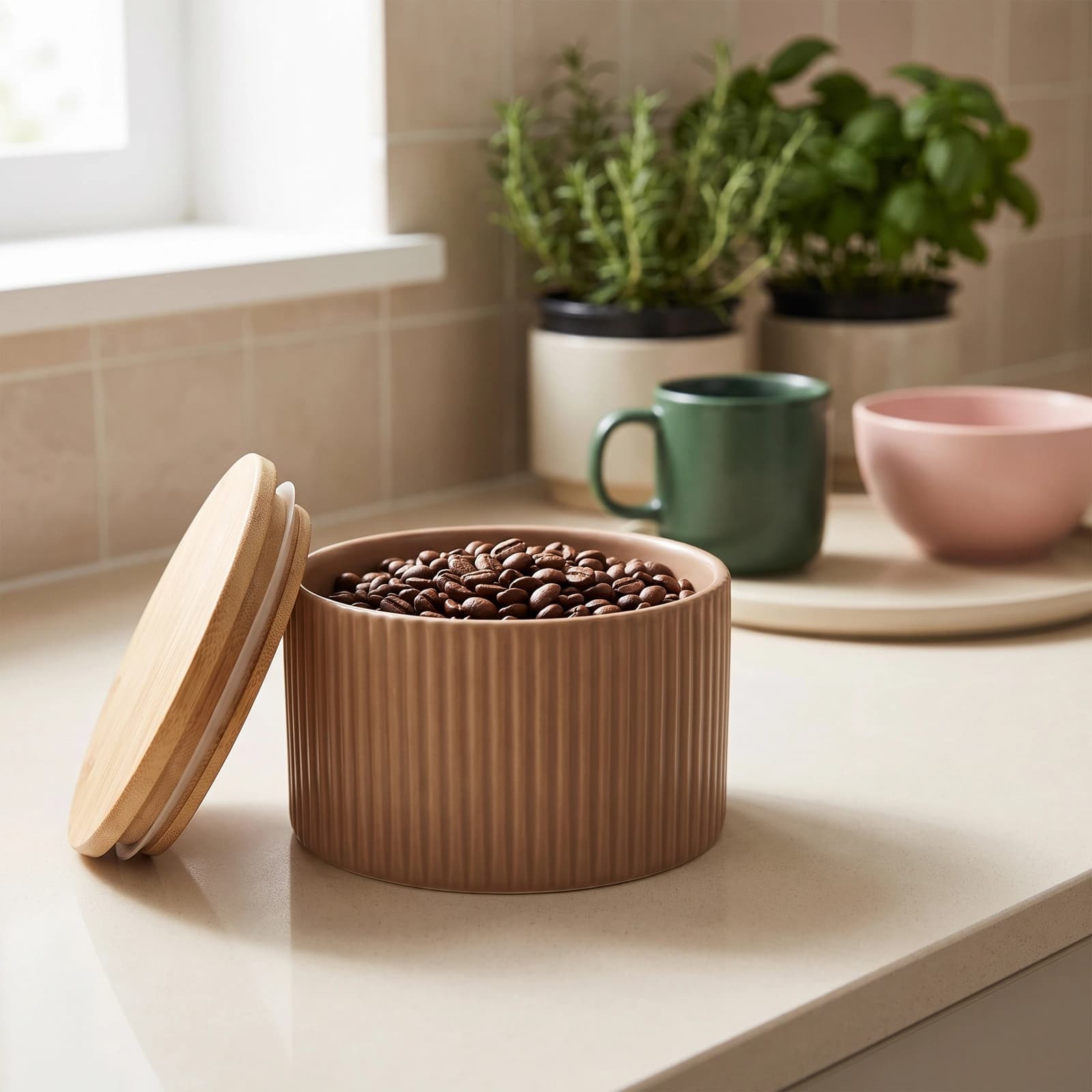 Porcelain Storage Jar with Wood Lid - Beige Ribbed