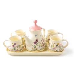 Cream porcelain tea set with pink lid teapot, four mugs, and a tray, all decorated with colorful Alice in Wonderland floral… - view 2