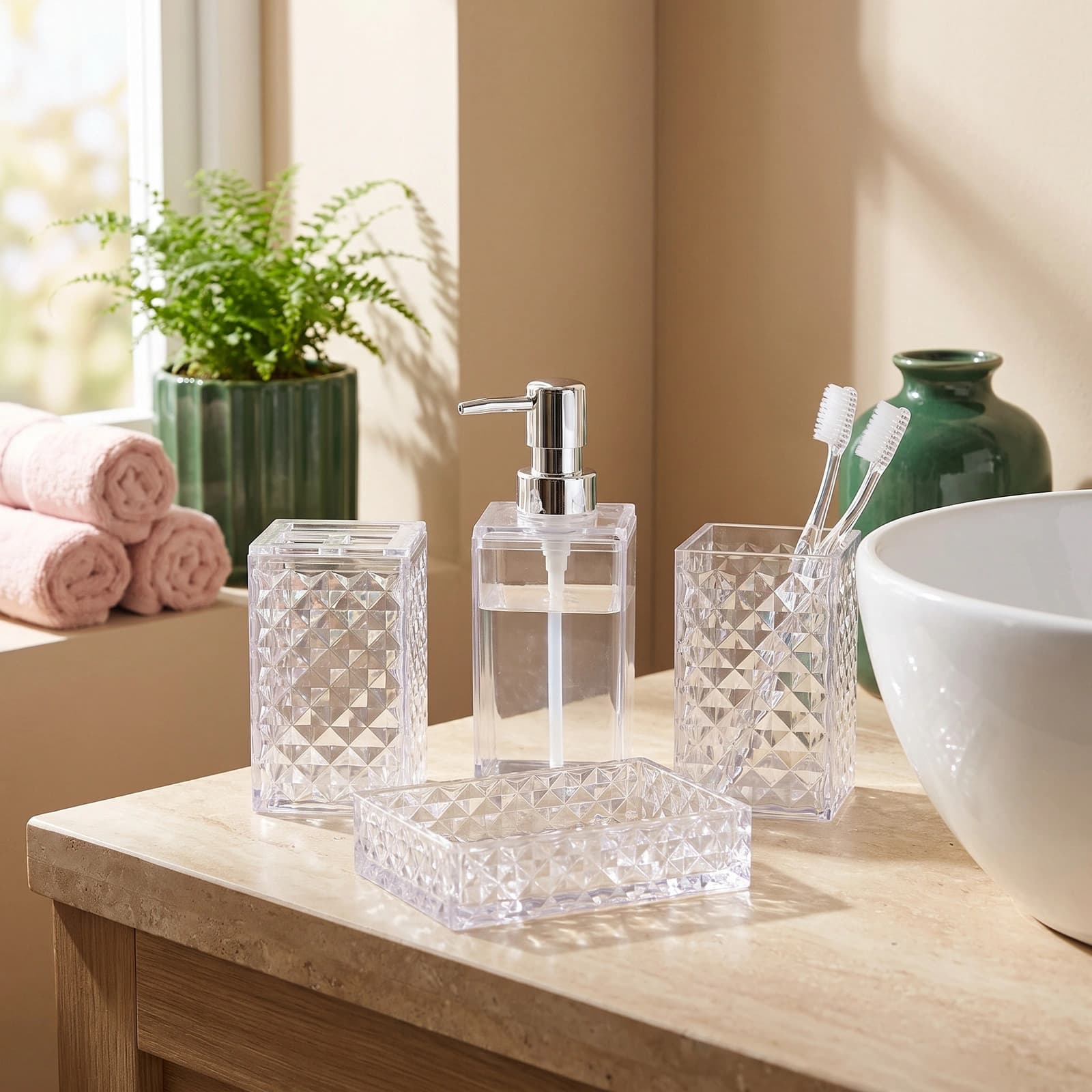 Four-piece clear acrylic bathroom set with diamond texture including a soap dispenser, toothbrush holder, cup, and soap dish.
