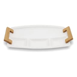 White Rectangular Divided Porcelain Serving Plate with Wood Handles - view 3