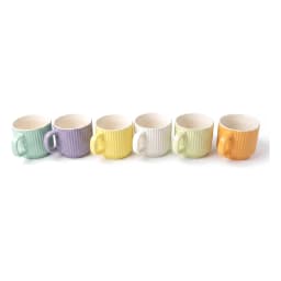 Six ribbed ceramic mugs in assorted pastel colors: light green, purple, yellow, cream, light green, and orange, on a white s… - view 2