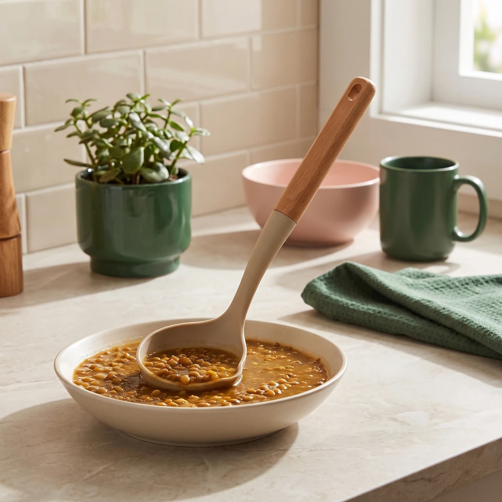 Beige silicone ladle with a light brown wooden handle, featuring a pouring spout, on a white background.