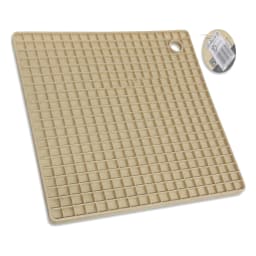 Square beige silicone heat resistant mat with a grid pattern and a small hanging hole, placed in white foam packaging. - view 2