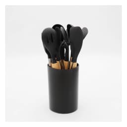Kitchen Utensil Set - Silicone & Wood Handles with Holder - Black - view 2