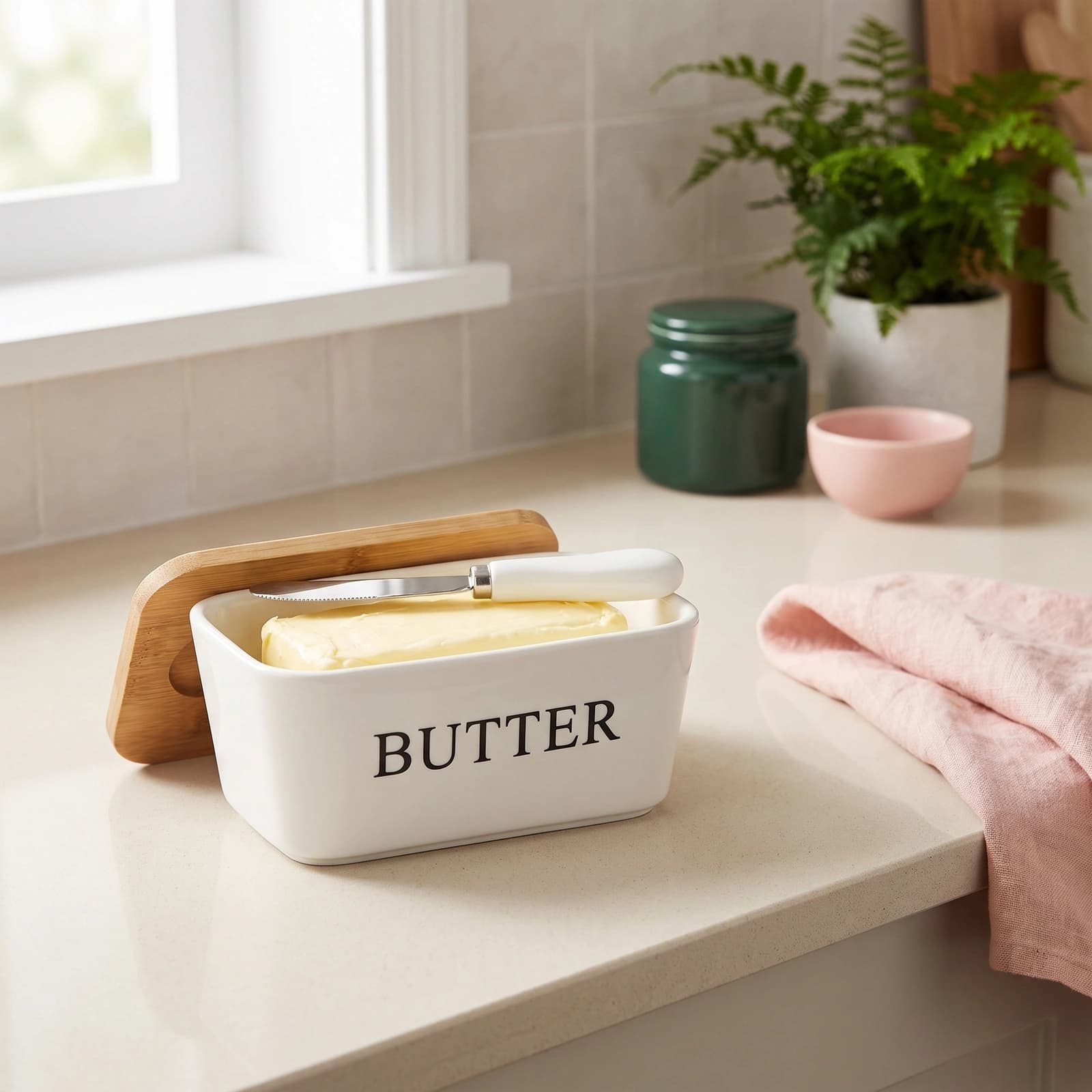 White rectangular porcelain butter dish with a light brown wooden lid and a white-handled butter knife resting in a slot.