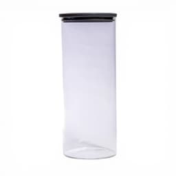 Tall, clear cylindrical glass storage jar with a dark grey flat lid on a pure white background - view 2
