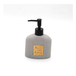 Grey speckled ceramic soap dispenser with a black pump and a light wooden label engraved with 'ALL OK Nothing' on a white ba… - view 2