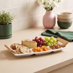 White Rectangular Divided Porcelain Serving Plate with Wood Handles - view 1