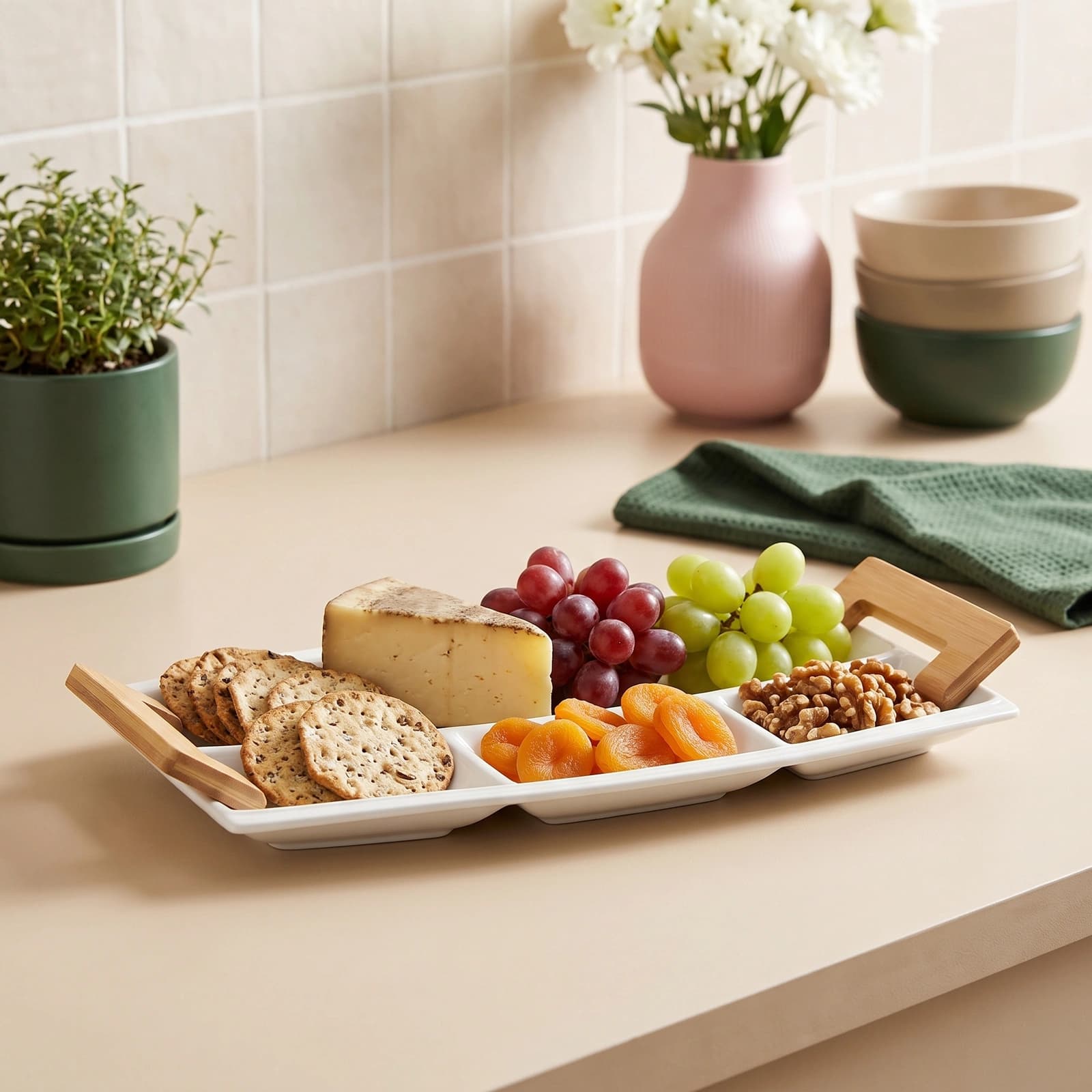 White Rectangular Divided Porcelain Serving Plate with Wood Handles