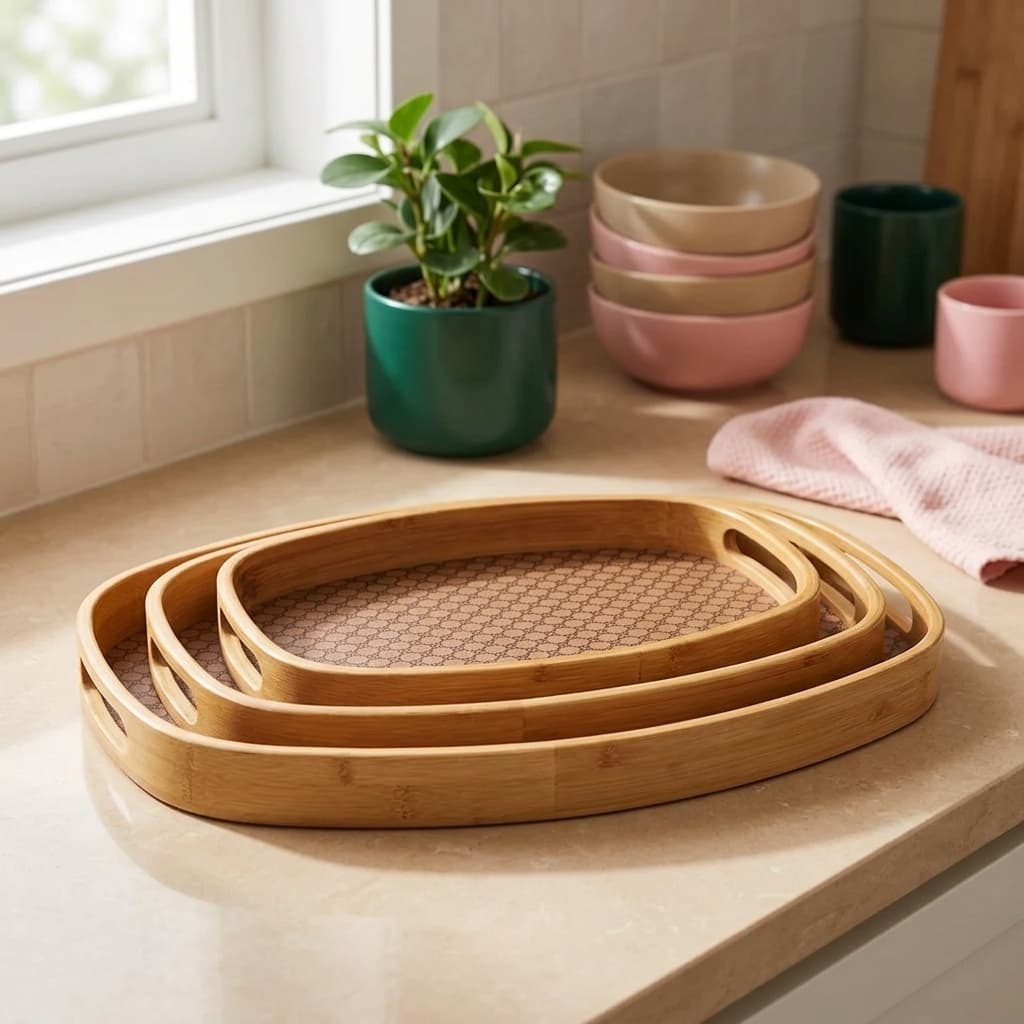 Set of 3 Oval Bamboo Serving Trays - Natural Wood & Patterned Base