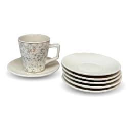 White porcelain tea set with grey and gold geometric pattern, including 6 cups, 6 saucers, teapot, sugar pot, milk jug, on a… - view 5