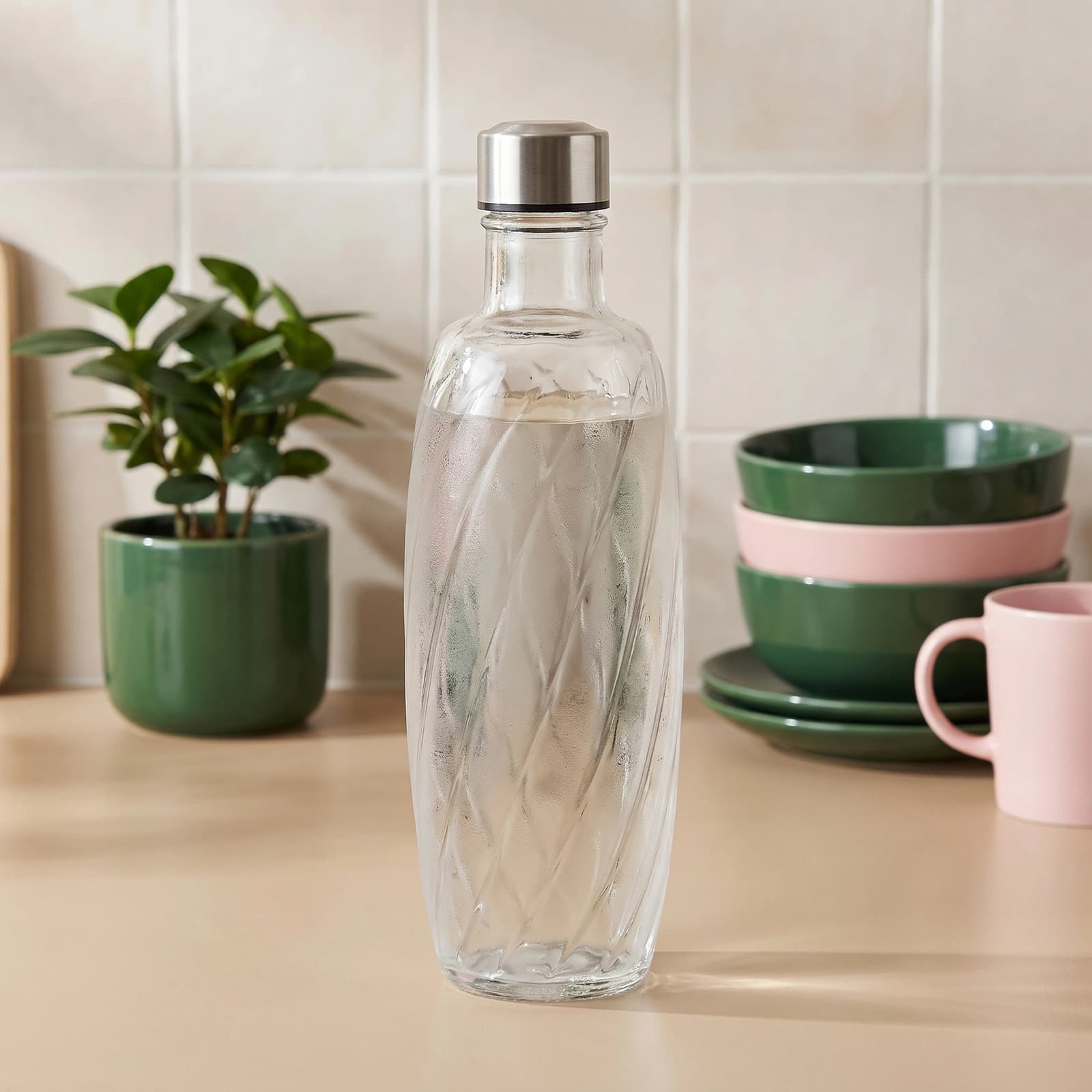 Clear glass bottle with a textured spiral pattern and a silver metal screw cap, shown on a white background.