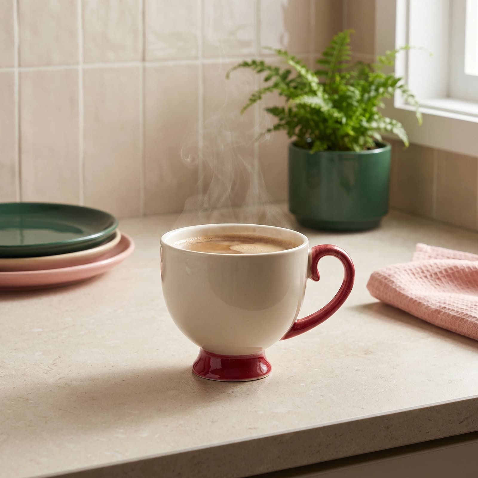 Single cream ceramic cup with a red handle and red footed base on a white background