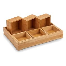 Light brown wood organizer with six square and rectangular compartments, arranged on a white background. - view 2