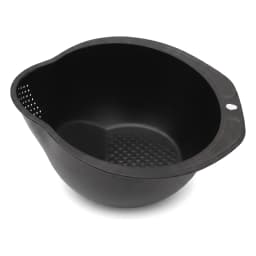 Black plastic rice washing and straining bowl with small holes, filled with strawberries, blueberries, and raspberries on a… - view 3