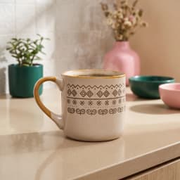 Single beige ceramic mug with brown geometric patterns, a mustard yellow handle, and a yellow rim on a white background. - view 1