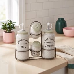 Five-piece porcelain oil, vinegar, salt, and pepper shaker set with a metal stand. Cream speckled body, light green tops. - view 1