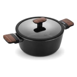 Black ceramic casserole pot with wood-look handles and lid, 22cm diameter, shown in packaging. - view 3