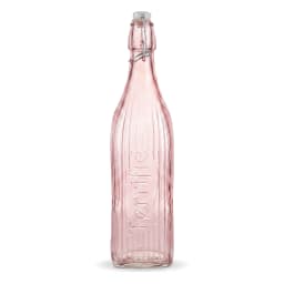 Tall pink ribbed glass bottle with a white swing top closure on a white background, showing the word 'Terrific' embossed. - view 2