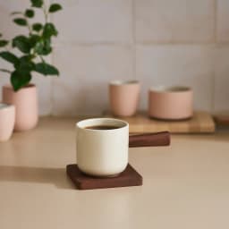 Ceramic Mug with Wooden Handle & Coaster - Cream - view 1