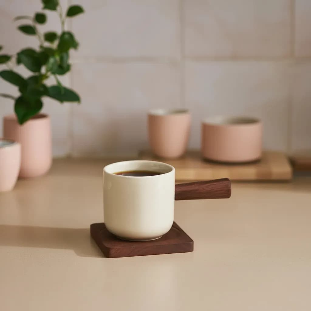 Ceramic Mug with Wooden Handle & Coaster - Cream
