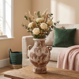 Distressed porcelain vase with two small handles, off-white and brown textured finish, on a white background - view 1
