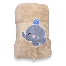 Folded beige microfiber towel with a grey elephant wearing a blue striped hat embroidered on it, on a grey textured surface. - view 2