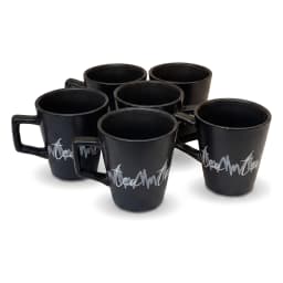 Complete 17-piece black ceramic coffee and tea set on a dark wooden tray with a black metal stand, white background. - view 6