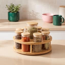 Eight clear glass storage jars with light wood lids on a two-tier rotating wood stand, filled with various spices on a kitch… - view 1