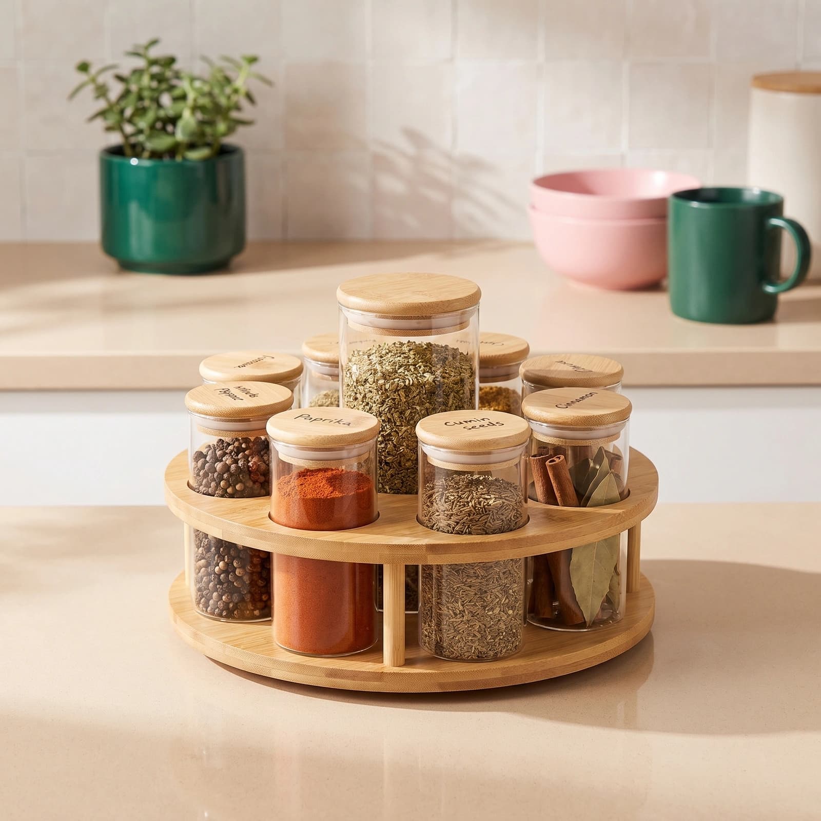 Eight clear glass storage jars with light wood lids on a two-tier rotating wood stand, filled with various spices on a kitch…