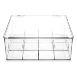 Clear acrylic storage box with a hinged lid and 12 compartments, filled with tea bags and coffee pods on a kitchen counter. - view 4