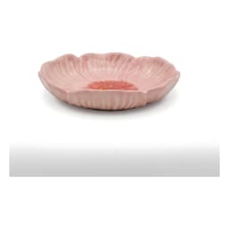 Pink glass flower-shaped dish with a darker pink and yellow center, shown on a white background. - view 3