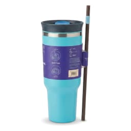 Aqua blue stainless steel tumbler with a dark lid, blue flip-top, and brown straw on a white surface. - view 2