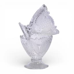 Clear glass dessert bowl with intricate patterned design, scalloped rim, and a short pedestal base on a white background - view 3