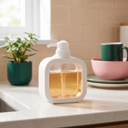 White plastic square-shaped dispenser bottle with a clear inner container and a white pump on a white background - view 3