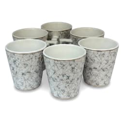White porcelain tea set with grey and gold geometric pattern, including 6 cups, 6 saucers, teapot, sugar pot, milk jug, on a… - view 4
