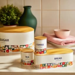 Four-piece cream metal kitchen storage set with wooden lids, featuring a large bread box and three smaller canisters for sug… - view 4
