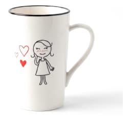 Single white ceramic mug with a black rim, featuring a black outline drawing of a girl and three red hearts. - view 2