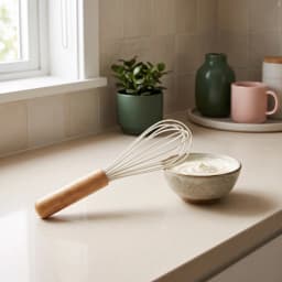 Cream silicone whisk with a light brown wooden handle lying on a white shelf, with a 'Mug Set' box in the background. - view 1