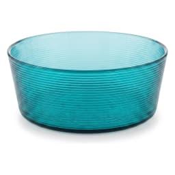 Single round shallow teal glass bowl with horizontal ribbed texture on a white background - view 2