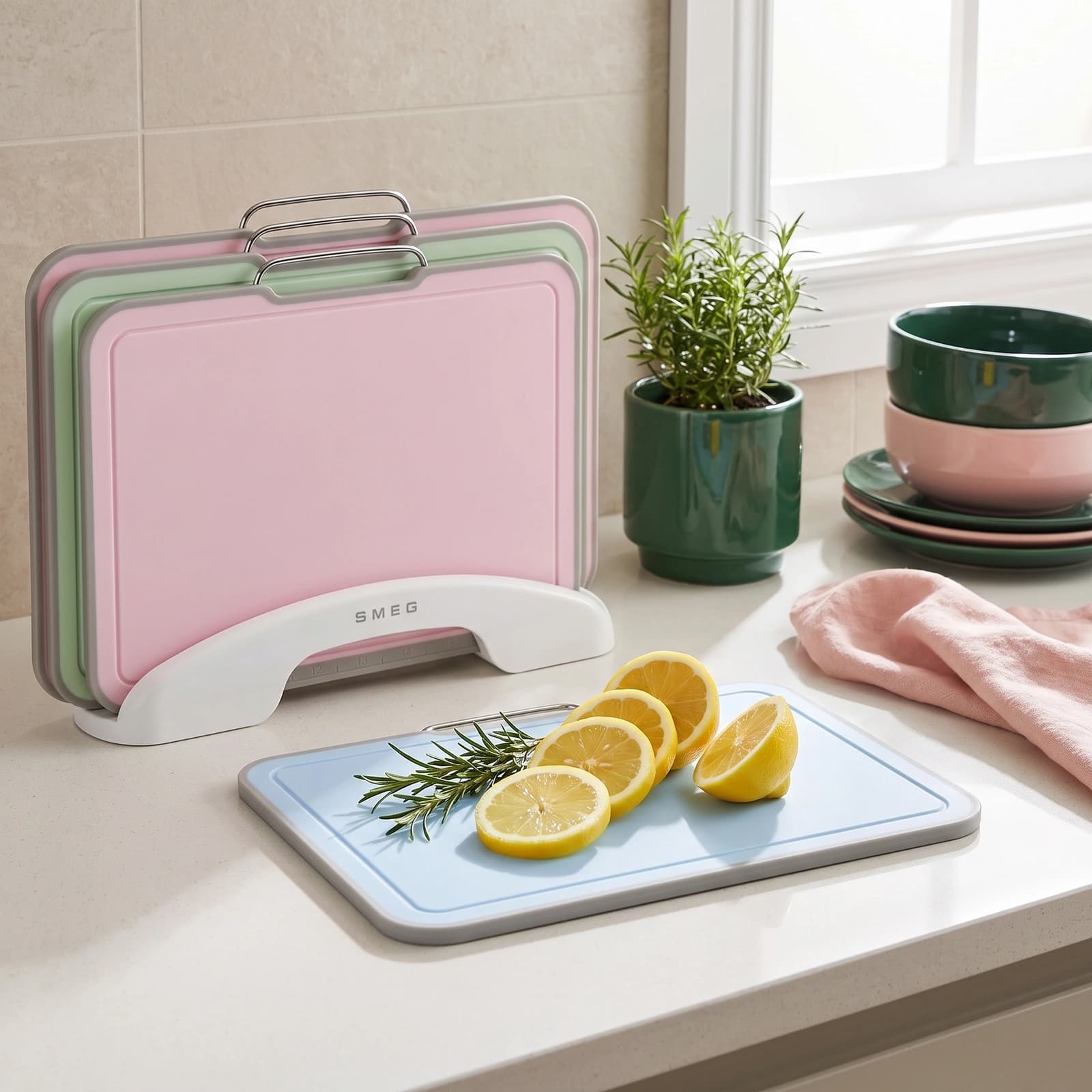 Three pastel plastic cutting boards (pink, green, blue) with grey edges, stored vertically in a white holder with metal hand…