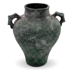 Single dark green speckled porcelain vase with two handles on a white background - view 2