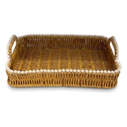 Two rectangular woven khous serving trays, brown with white pearl-like beads along the rim, stacked on a white background. - view 3