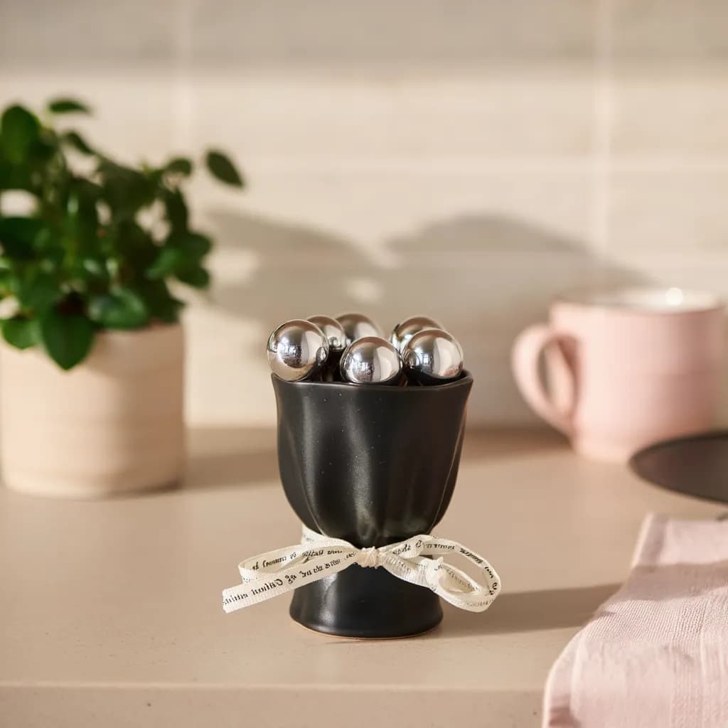 6 Pcs Metal Fruit & Cheese Forks Set with Black Ceramic Holder