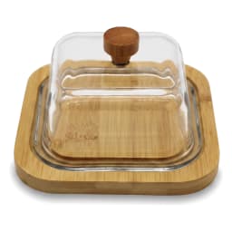 Square butter dish with a light brown wood base and a clear glass lid with a small wooden knob on a white background. - view 2