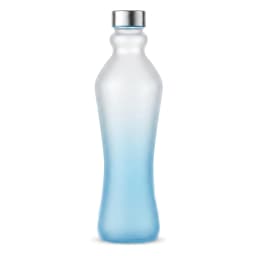 Frosted glass water bottle with a blue gradient bottom and a silver metallic cap on a white shelf. - view 2